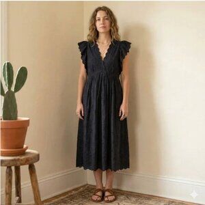 Ulla Johnson Louise Sun Dress Black Cotton Linen Eyelet Midi Size 0